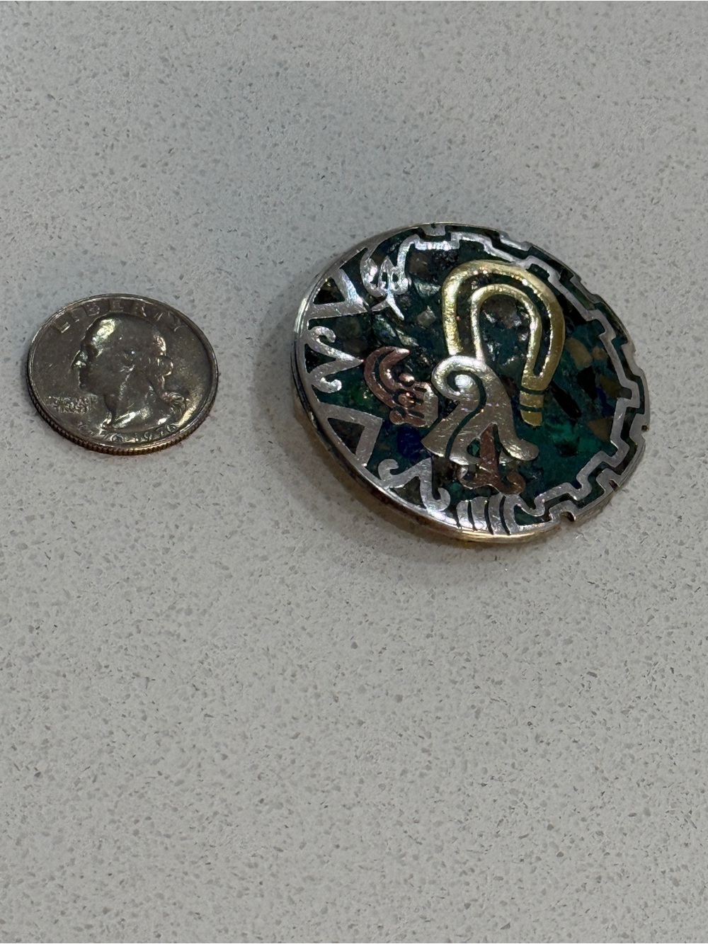 Vintage Taxco Sterling Silver Mixed Metal Quetzalcoatl Mosaic Inlay Brooch - Picture 10 of 11
